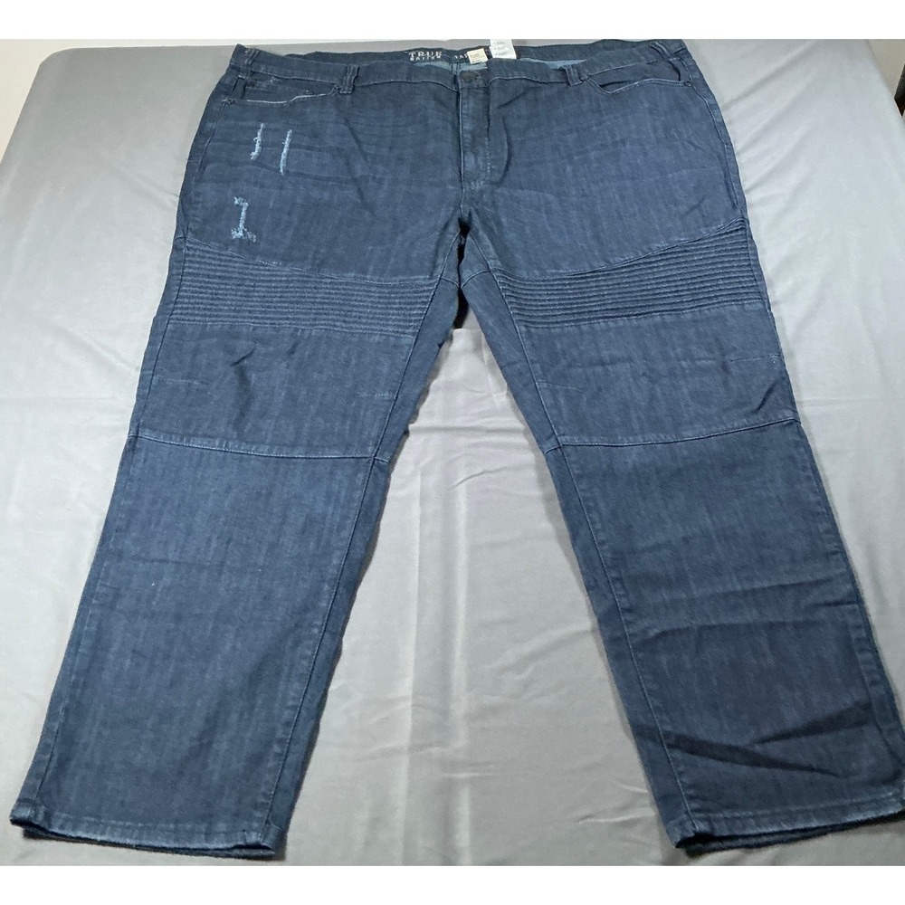 True Nation Tapered Fit Moto Jeans Mens 54x30 Dark Wash Blue Ribbed Knee Denim